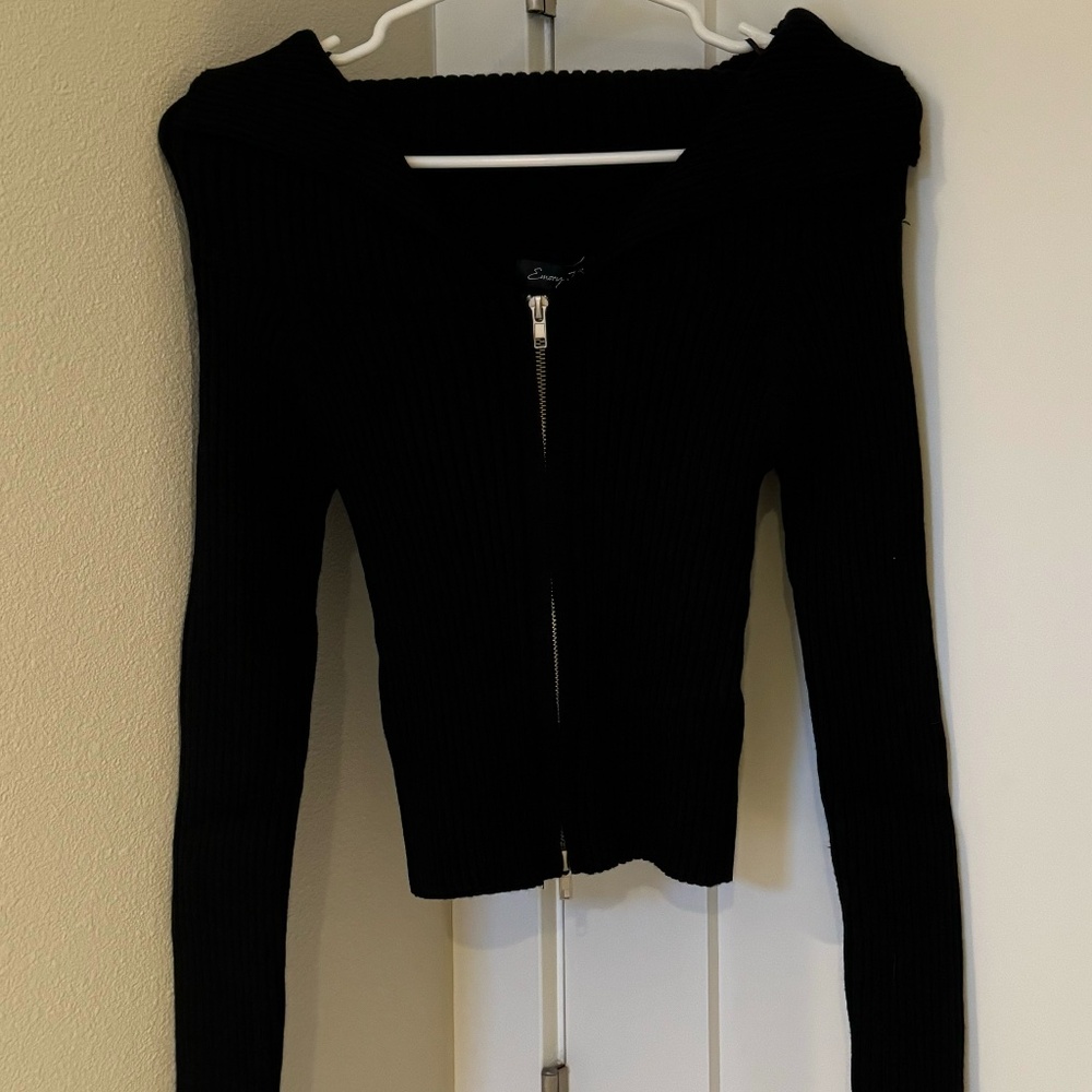 New York & Company - Long sleeve Zip Front Bardot Shoulder Sweater - S - Black
